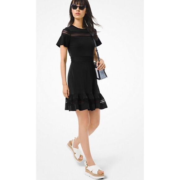 Michael Kors Black Crepe Jersey and Mesh Ruffled Dress Size XL - Picture 1 of 8